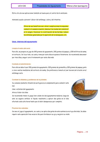  
UCV­CIS  Propiedades de Aguaymanto  Milena Liñan Iparraguirre 
 
Entre otra de sus aplicaciones también es buena para el control de la amibiasis.
Asimismo ayuda a prevenir cáncer del estómago, colon y del intestino.
Otros de sus beneficios son: aliviar complicaciones bronquiales,
combatir el cansancio mental, disminuir los niveles del colesterol
en la sangre, favorecer la cicatrización de las heridas, reduce
los síntomas generados por la aparición de la menopausia, etc.
Usos  internos del aguaymanto 
Limpia el rostro del acné:
Para ello, se prepara un jugo de 200 gramos de aguaymanto, 200 gramos de papaya, y 100 mililitros de sanky
en extracto. Se licua todo, se cuela y toma por siete días en ayunas al levantarse. Se recomienda descansar
por tres días y seguir con el tratamiento por siete días más.
Combate el estreñimiento:
Para ello se debe licuar 200 gramos de aguaymanto, 200 gramos de granadilla y 200 gramos de papaya junto
a cinco vasitos medidores del extracto de sanky. De preferencia tomarlo al caer las seis de la tarde con el
estómago vacío.
Combate la diabetes y problemas de la próstata:
Su consumo mediante infusión de sus hojas es un complemento para combatir este
mal.
Usos externos del aguaymanto
Alivia el dolor de oídos
Se recomienda tomar el juego bien colado de dos aguaymantos maduros, luego de
esto se sugiere entibiar el líquido resultante y aplicar dos gotas en el oído
afectado cada ocho horas hasta que el dolor desaparezca por completo.
Previene las cataratas
Se saca el jugo al aguaymanto, se cuela y se aplica dos gotas de esta sustancia en el ojo afectado. Se debe
repetir esta operación tres veces al día para fortalecer su ojo y mejorar su visión.
Página…..>4 
 