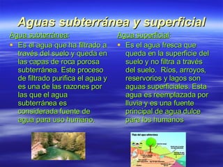 Aguas subterránea y superficial Agua subterránea : Es el agua que ha filtrado a través del suelo y queda en las capas de roca porosa subterránea. Este proceso de filtrado purifica el agua y es una de las razones por las que el agua subterránea es considerada fuente de agua para uso humano. Agua superficial : Es el agua fresca que queda en la superficie del suelo y no filtra a través del suelo.  Ríos, arroyos, reservorios y lagos son aguas superficiales. Esta agua es reemplazada por lluvia y es una fuente principal de agua dulce para los humanos   