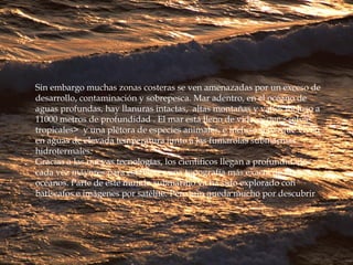 Sin embargo muchas zonas costeras se ven amenazadas por un exceso de
desarrollo, contaminación y sobrepesca. Mar adentro, en el océano de
aguas profundas, hay llanuras intactas, altas montañas y valles incluso a
11000 metros de profundidad . El mar está lleno de vida, acoge <selvas
tropicales> y una plétora de especies animales, e incluso seres que viven
en aguas de elevada temperatura junto a las fumarolas submarinas
hidrotermales.
Gracias a las nuevas tecnologías, los científicos llegan a profundidades
cada vez mayores para establecer una topografía más exacta de los
océanos. Parte de este mundo submarino ya ha sido explorado con
batiscafos e imágenes por satélite. Pero aún queda mucho por descubrir
 