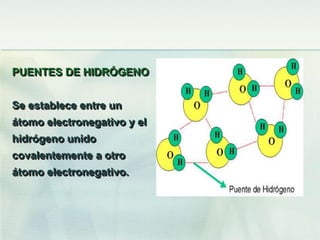 PUENTES DE HIDRÓGENO
Se establece entre un
átomo electronegativo y el
hidrógeno unido
covalentemente a otro
átomo electronegativo.
 