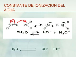 CONSTANTE DE IONIZACION DEL
AGUA
H2O OH- + H+
 