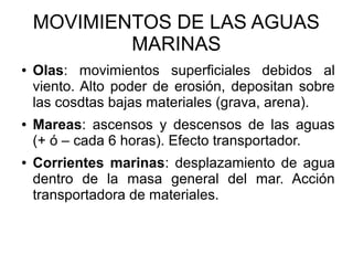 MOVIMIENTOS DE LAS AGUAS
MARINAS
● Olas: movimientos superficiales debidos al
viento. Alto poder de erosión, depositan sobre
las cosdtas bajas materiales (grava, arena).
● Mareas: ascensos y descensos de las aguas
(+ ó – cada 6 horas). Efecto transportador.
● Corrientes marinas: desplazamiento de agua
dentro de la masa general del mar. Acción
transportadora de materiales.
 