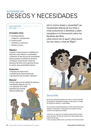ACTIVIDAD #01

DESEOS Y NECESIDADES
     EXPLORACIÓN · REACCIÓN · ACCIÓN
                                                                     ¿Es lo mismo deseo y necesidad? Las
     OFF LINE ·ON LINE                                               necesidades básicas de los niños y
                                                                     niñas evolucionan a derechos y están
     Conceptos clave                                                 recogidos en la Convención sobre los
          Interdependencia                                           Derechos del Niño.
          Imágenes y percepciones
                                                                     ¿Qué ocurre con el agua? ¿Qué ocurre
          Justicia social
          Conflictos y resolución
                                                                     con los niños y niñas de Níger?
          Cambio y futuro


     Objetivo
     s Ayudar a los/as jóvenes a establecer la
     distinción entre deseos y necesidades.
     s Presentar la idea de que las necesidades

     básicas pueden considerarse derechos.
     s Presentar la Convención sobre los

     Derechos del Niño como garantía de que
     se cubran esas necesidades básicas.

     Evaluación
     s Procesos de negociación.
     s Calidad de las argumentaciones.

     s Aprehensión del concepto “Derecho”
                                        .

     Material
     s Variascopias de las tarjetas de deseos y
     necesidades (páginas 10 y 11).
     s Un ejemplar de la CDN

     adaptada para jóvenes
     (www.enredate.org).


                                                                     Desarrollo
                                                                     Se forman pequeños grupos de cuatro o cinco personas.
                                                                     El educador o educadora entrega a cada grupo un juego
                                                                     de tarjetas de deseos y necesidades.

                                                                     Una vez que los participantes han leído atentamente las
                                                                     tarjetas, el educador o educadora les propone sucesi-
                                                                     vamente las siguientes tareas:

                                                                     s Vivísen un país que no puede proporcionaros todos
                                                                     esos artículos. Poneos de acuerdo en cada equipo para
                                                                     prescindir de seis.
                                                                     s Es una época difícil y hay que hacer más restricciones.




8·   Gotas para Níger. Cuaderno de actividades para Ed. Secundaria                                  www.gotas.enredate.org
 
