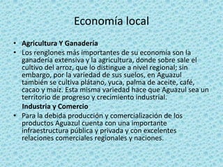 Economía localAgricultura Y GanaderíaLos renglones más importantes de su economía son la ganadería extensiva y la agricultura, donde sobre sale el cultivo del arroz, que lo distingue a nivel regional; sin embargo, por la variedad de sus suelos, en Aguazul también se cultiva plátano, yuca, palma de aceite, café, cacao y maíz. Esta misma variedad hace que Aguazul sea un territorio de progreso y crecimiento industrial.Industria y ComercioPara la debida producción y comercialización de los productos Aguazul cuenta con una importante infraestructura pública y privada y con excelentes relaciones comerciales regionales y naciones.