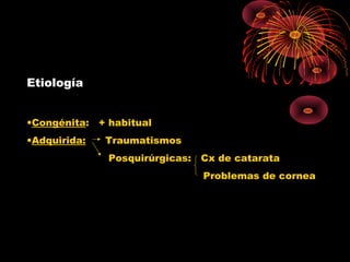 Etiología
•Congénita: + habitual
•Adquirida: Traumatismos
Posquirúrgicas: Cx de catarata
Problemas de cornea
 