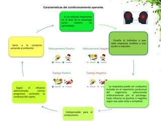 Es un método importante
en el área de la psicología
como sistema de
aprendizaje.
Enseña al individuo a que
cada respuesta conlleva a una
acción o reacción.
La respuesta puede ser cualquiera
incluida en el repertorio conductual
del organismo, seleccionada
arbitrariamente por el psicólogo.
Cada refuerzo es positivo o negativo
según sea cada meta a completar.
Indispensable para el
conductismo.
Según el refuerzo
administrado, ciertos
programas controlan la
conducta del sujeto.
Varía a la conducta
variando al ambiente.
Características del condicionamiento operante.
 