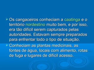  Os cangaceiros conheciam      a caatinga e o
  território nordestino muito bem, e por isso,
  era tão difícil serem capturados pelas
  autoridades. Estavam sempre preparados
  para enfrentar todo o tipo de situação.
 Conheciam as plantas medicinais, as
  fontes de água, locais com alimento, rotas
  de fuga e lugares de difícil acesso.
 