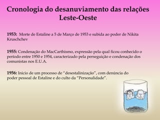 Cronologia do desanuviamento das relações
               Leste-Oeste

1953: Morte de Estaline a 5 de Março de 1953 e subida ao poder de Nikita
Kruschchev


1955: Condenação do MacCarthismo, expressão pela qual ficou conhecido o
período entre 1950 e 1954, caracterizado pela perseguição e condenação dos
comunistas nos E.U.A.

1956: Inicio de um processo de “desestalinização”, com denúncia do
poder pessoal de Estaline e do culto da “Personalidade”.
 