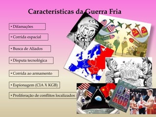 Características da Guerra Fria

• Difamações

• Corrida espacial


• Busca de Aliados


• Disputa tecnológica


• Corrida ao armamento


• Espionagem (CIA X KGB)

• Proliferação de conflitos localizados
 