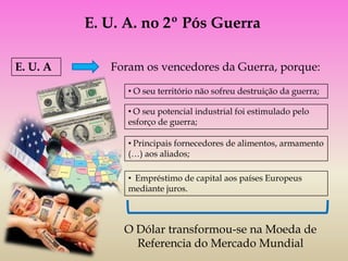 E. U. A. no 2º Pós Guerra

E. U. A      Foram os vencedores da Guerra, porque:

                • O seu território não sofreu destruição da guerra;

                • O seu potencial industrial foi estimulado pelo
                esforço de guerra;

                • Principais fornecedores de alimentos, armamento
                (…) aos aliados;

                • Empréstimo de capital aos países Europeus
                mediante juros.



               O Dólar transformou-se na Moeda de
                 Referencia do Mercado Mundial
 