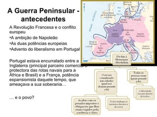 A Guerra Peninsular -
   antecedentes
A Revolução Francesa e o conflito
europeu
•A ambição de Napoleão
•As duas potências europeias
•Advento do liberalismo em Portugal

Portugal estava encurralado entre a
Inglaterra (principal parceiro comercial e
protectora das rotas navais para a
África e Brasil) e a França, potência
expansionista daquele tempo, que
ameaçava a sua soberania…


… e o povo?
 