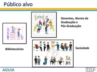 Público alvo
Bibliotecários
Docentes, Alunos de
Graduação e
Pós-Graduação
Sociedade
 