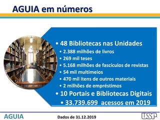• 48 Bibliotecas nas Unidades
• 2.388 milhões de livros
• 269 mil teses
• 5.168 milhões de fascículos de revistas
• 54 mil multimeios
• 470 mil itens de outros materiais
• 2 milhões de empréstimos
• 10 Portais e Bibliotecas Digitais
• 33.739.699 acessos em 2019
AGUIA em números
Fonte: SIBi – dados de 2014
Dados de 31.12.2019
 