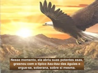 Nesse momento, ela abriu suas potentes asas, 
grasnou com o típico kau-kau das águias e 
ergue-se, soberana, sobre si mesma. 
 