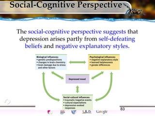 83
Social-Cognitive Perspective
The social-cognitive perspective suggests that
depression arises partly from self-defeating
beliefs and negative explanatory styles.
 