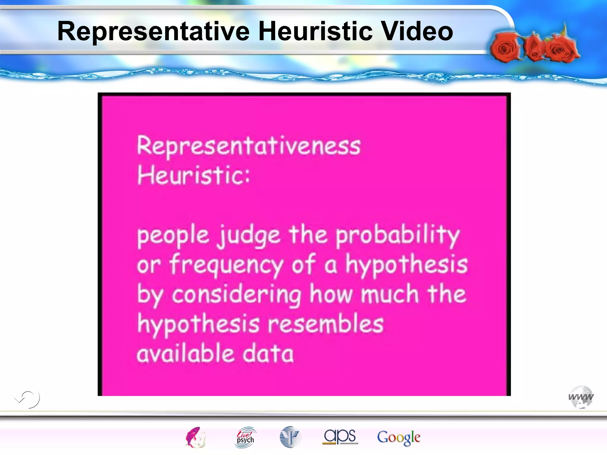 Representative Heuristic Video 
Intelligence Gardner 
Cognition Concepts Problems A.I. Creativity 
I.Q. Wechsler Bias Delay Terman Heredity 
Animal 
 