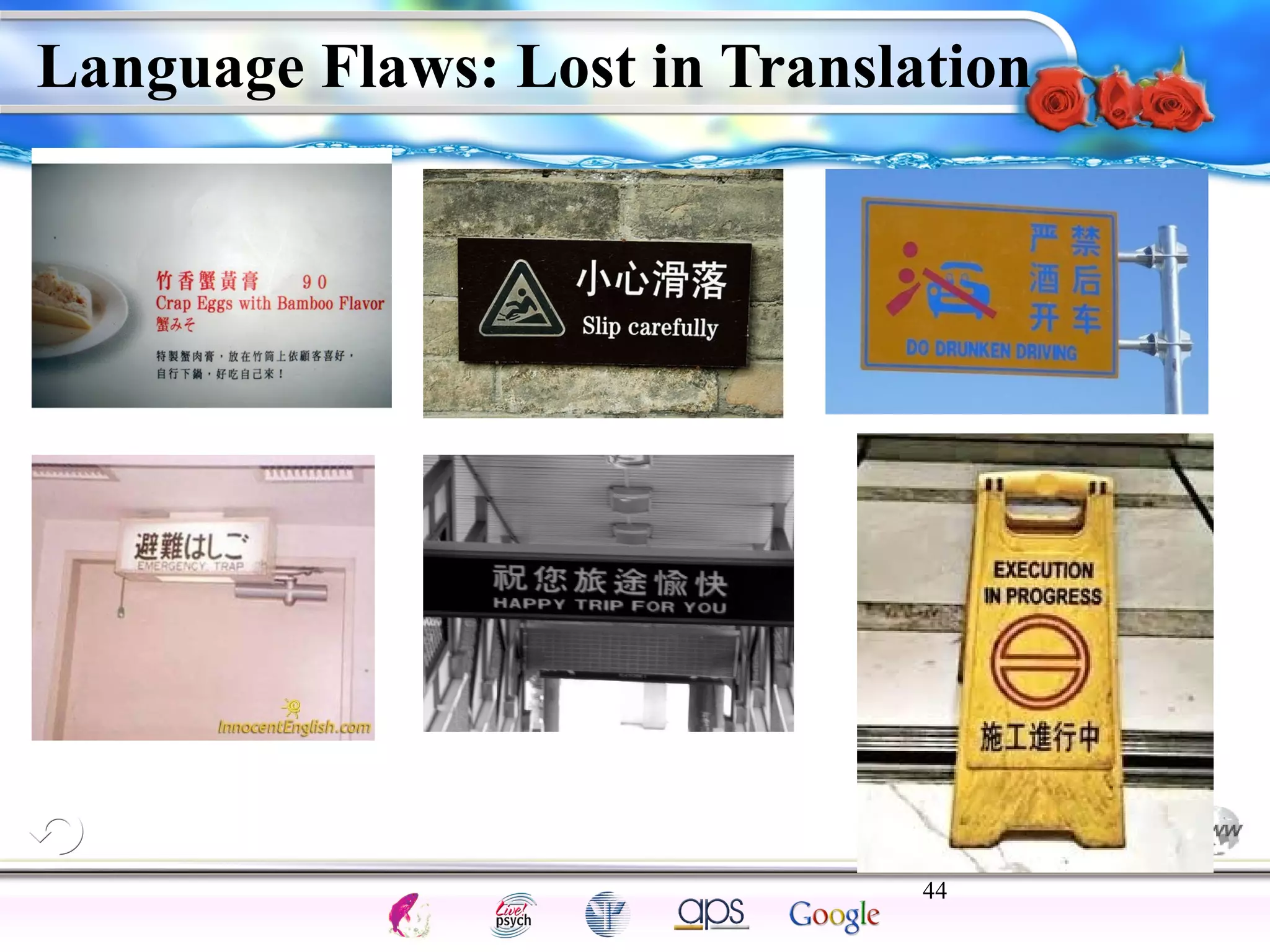 Language Flaws: Lost in Translation 
44 
Intelligence Gardner 
Cognition Concepts Problems A.I. Creativity 
I.Q. Wechsler Bias Delay Terman Heredity 
Animal 
 