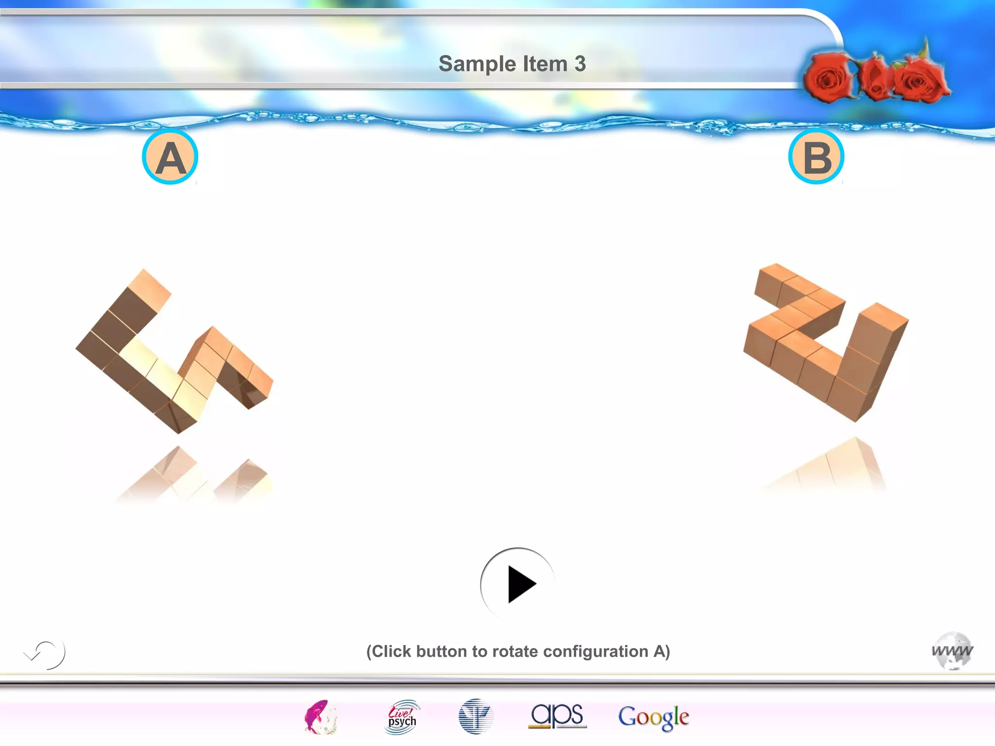 Sample Item 3 
A B 
Intelligence Gardner 
(Click button to rotate configuration A) 
Cognition Concepts Problems A.I. Creativity 
I.Q. Wechsler Bias Delay Terman Heredity 
Animal 
 