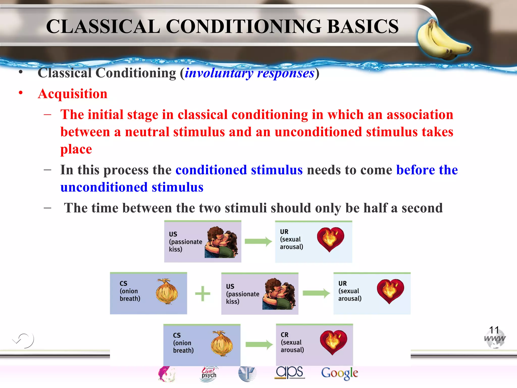 ElementsControl
SchedulesPunish
ObserveInsightHelplessCognitiveModify
ReinforceOperantEmotionsClassicalLearning
CLASSICAL CONDITIONING BASICS
• Classical Conditioning (involuntary responses)
• Acquisition
– The initial stage in classical conditioning in which an association
between a neutral stimulus and an unconditioned stimulus takes
place
– In this process the conditioned stimulus needs to come before the
unconditioned stimulus
– The time between the two stimuli should only be half a second
11
 