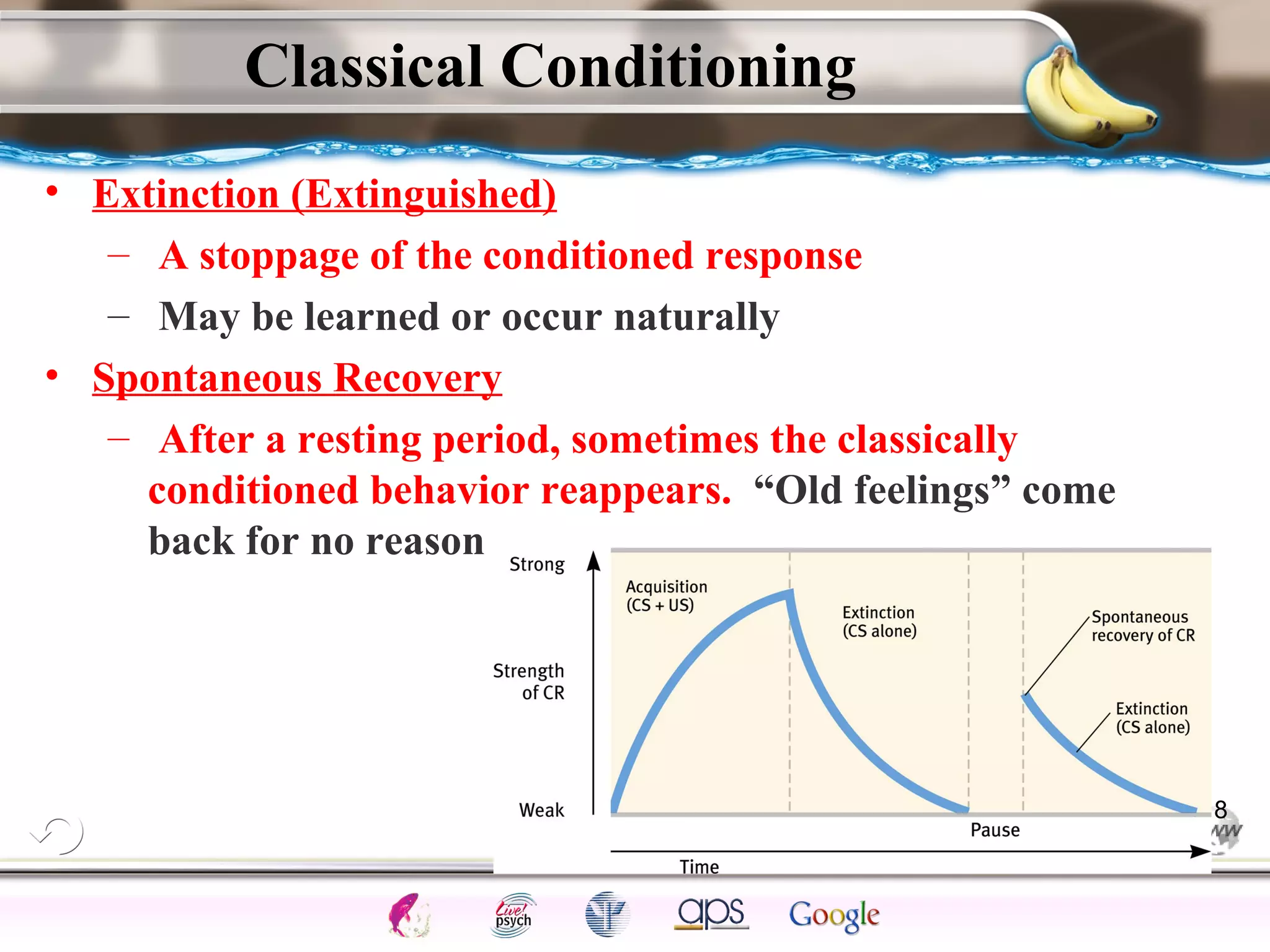 ElementsControl
SchedulesPunish
ObserveInsightHelplessCognitiveModify
ReinforceOperantEmotionsClassicalLearning
Classical Conditioning
• Extinction (Extinguished)
– A stoppage of the conditioned response
– May be learned or occur naturally
• Spontaneous Recovery
– After a resting period, sometimes the classically
conditioned behavior reappears. “Old feelings” come
back for no reason
18
 