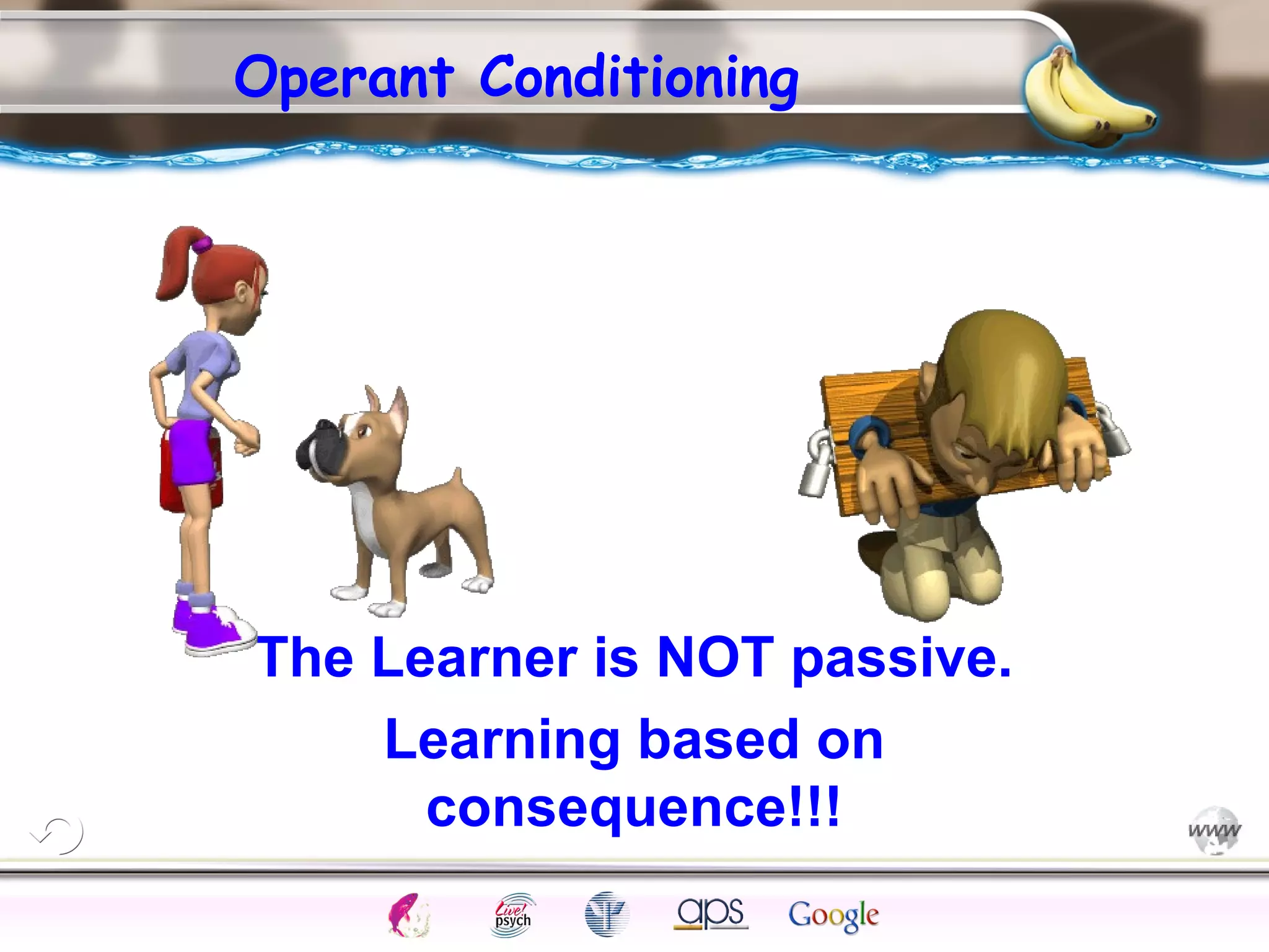 ElementsControl
SchedulesPunish
ObserveInsightHelplessCognitiveModify
ReinforceOperantEmotionsClassicalLearning
Operant Conditioning
The Learner is NOT passive.
Learning based on
consequence!!!
 