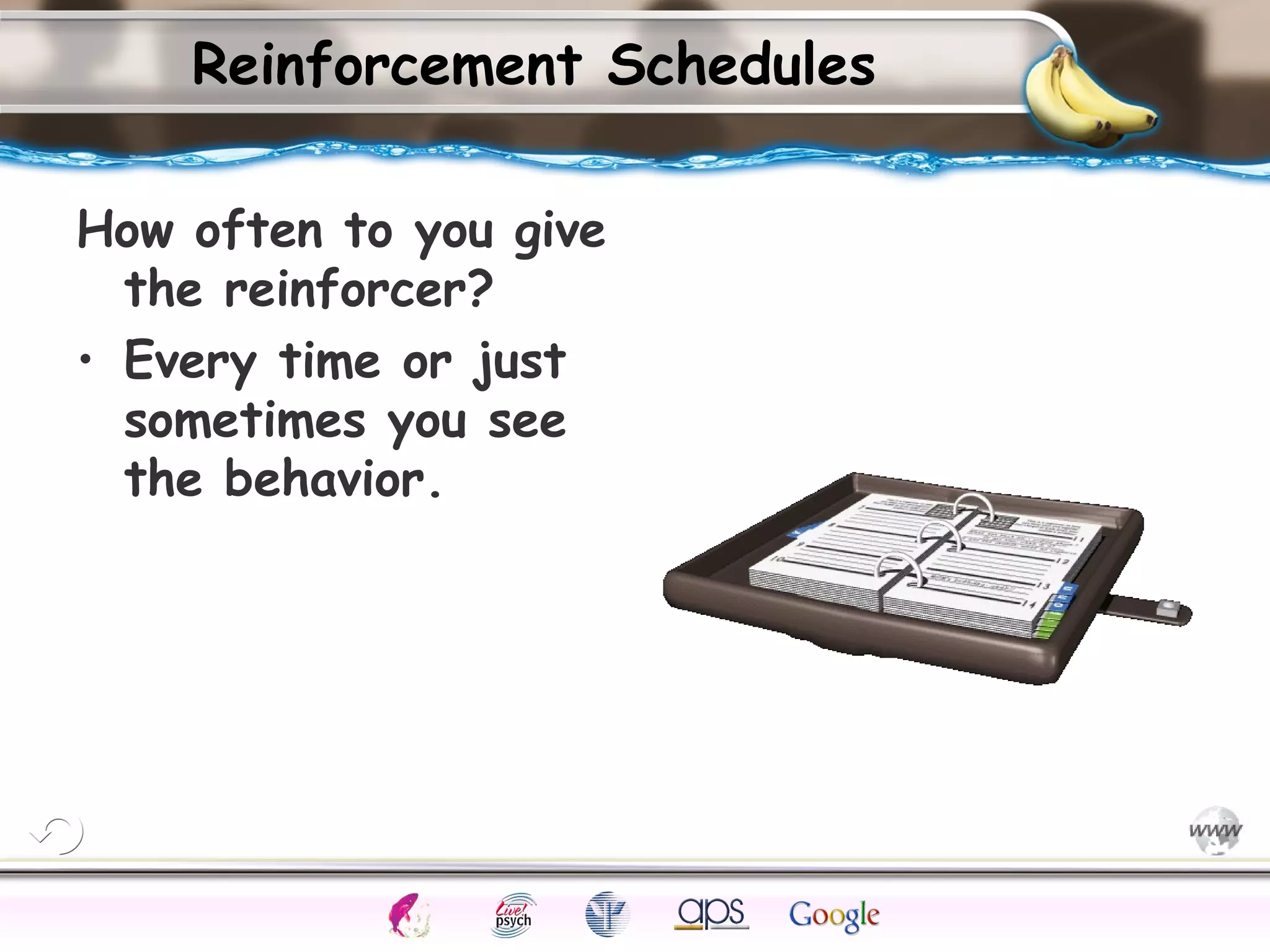 ElementsControl
SchedulesPunish
ObserveInsightHelplessCognitiveModify
ReinforceOperantEmotionsClassicalLearning
Reinforcement Schedules
How often to you give
the reinforcer?
• Every time or just
sometimes you see
the behavior.
 