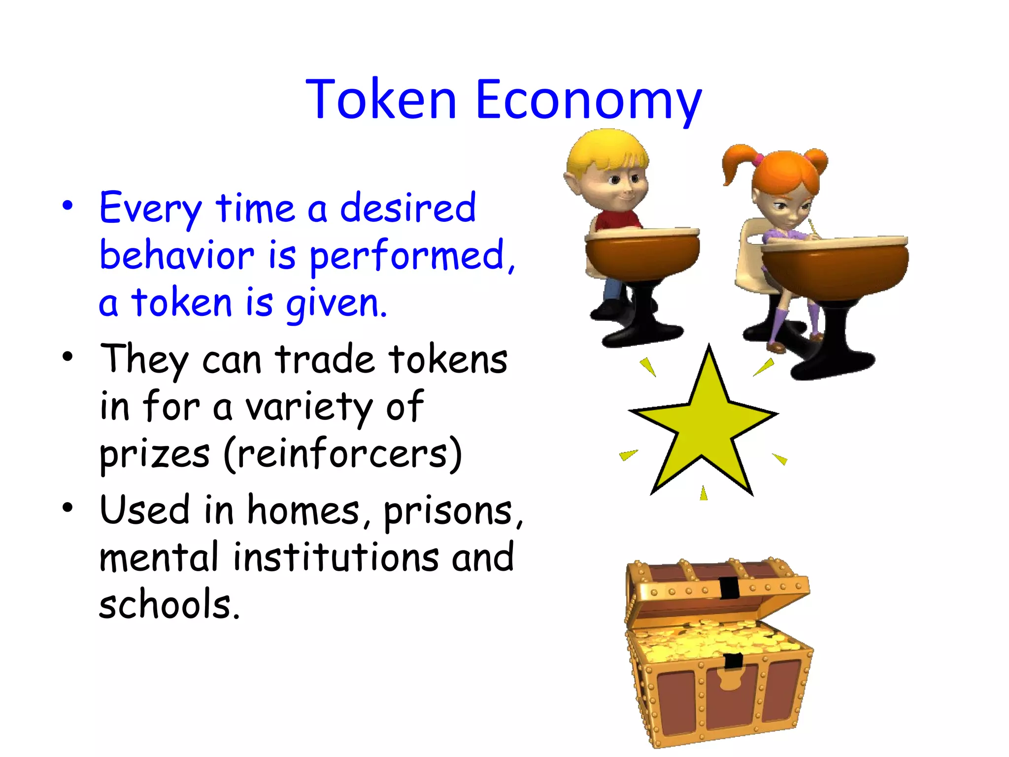 Token Economy
• Every time a desired
behavior is performed,
a token is given.
• They can trade tokens
in for a variety of
prizes (reinforcers)
• Used in homes, prisons,
mental institutions and
schools.
 