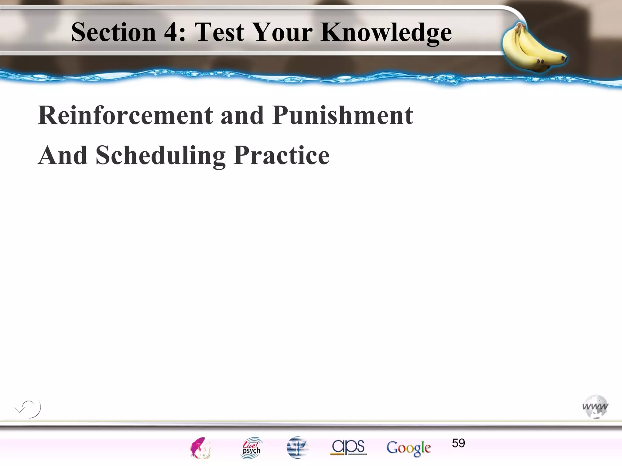 ElementsControl
SchedulesPunish
ObserveInsightHelplessCognitiveModify
ReinforceOperantEmotionsClassicalLearning
Section 4: Test Your Knowledge
Reinforcement and Punishment
And Scheduling Practice
59
 