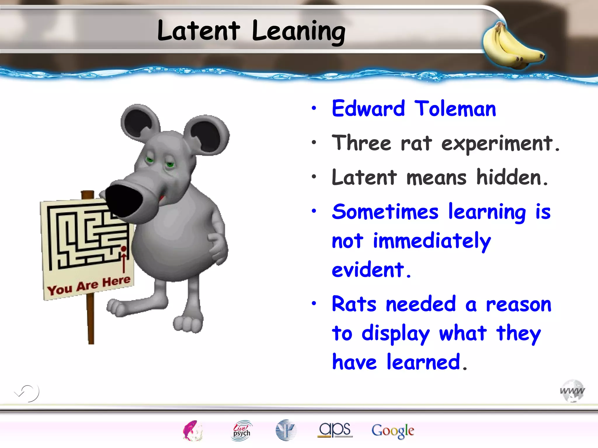 ElementsControl
SchedulesPunish
ObserveInsightHelplessCognitiveModify
ReinforceOperantEmotionsClassicalLearning
Latent Leaning
• Edward Toleman
• Three rat experiment.
• Latent means hidden.
• Sometimes learning is
not immediately
evident.
• Rats needed a reason
to display what they
have learned.
 