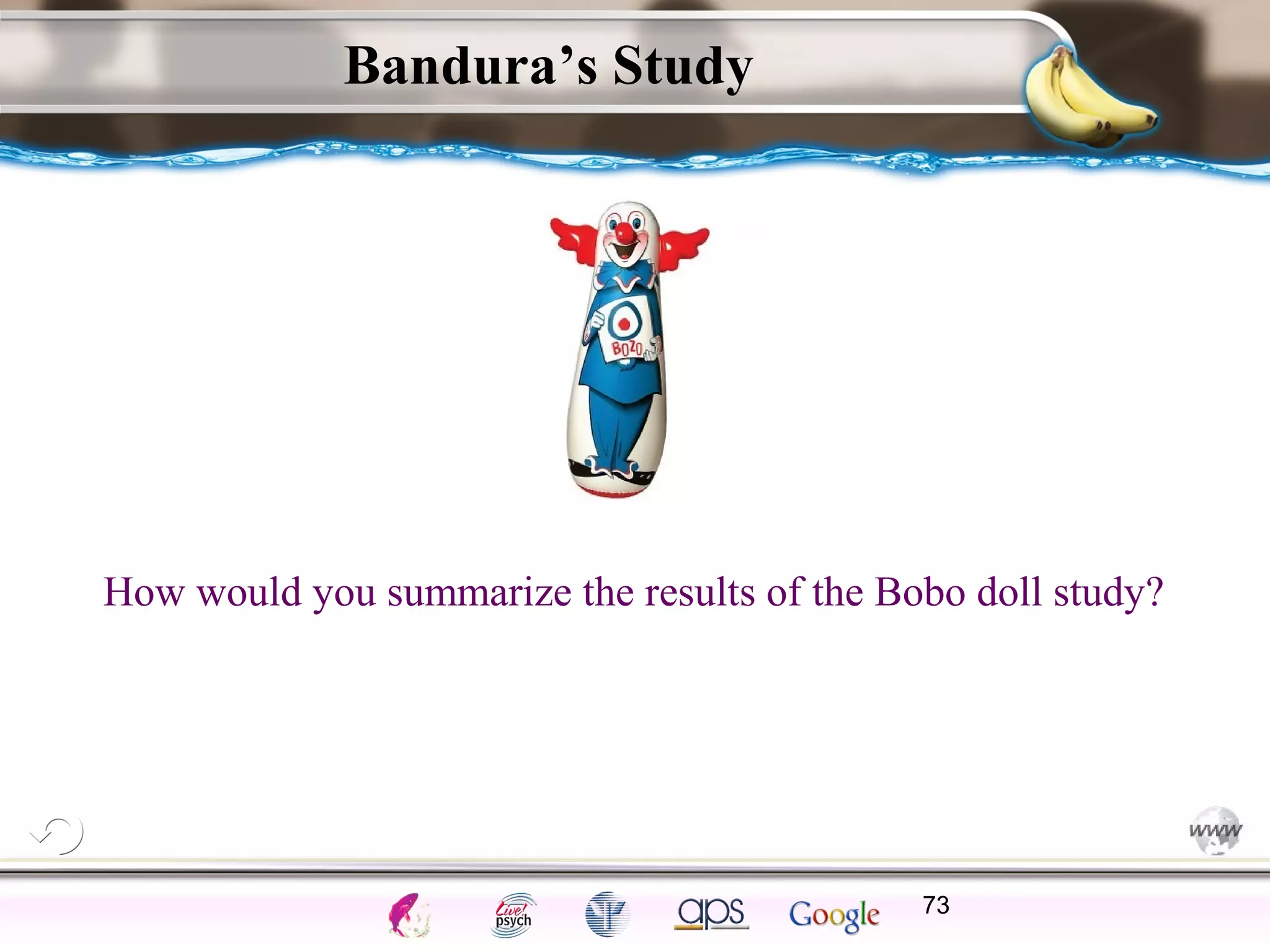 ElementsControl
SchedulesPunish
ObserveInsightHelplessCognitiveModify
ReinforceOperantEmotionsClassicalLearning
Bandura’s Study
73
How would you summarize the results of the Bobo doll study?
 