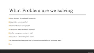 General Information
What Problem are we solving
 Team Members are not able to collaborate?
Stakeholders are not satisfied?
Team members are not engaged?
The attrition rate is very high in the team?
Conflict among team members is high?
Toxic culture is dominating in the team?
No team members have appreciated or improved knowledge for the last several years?
……
 