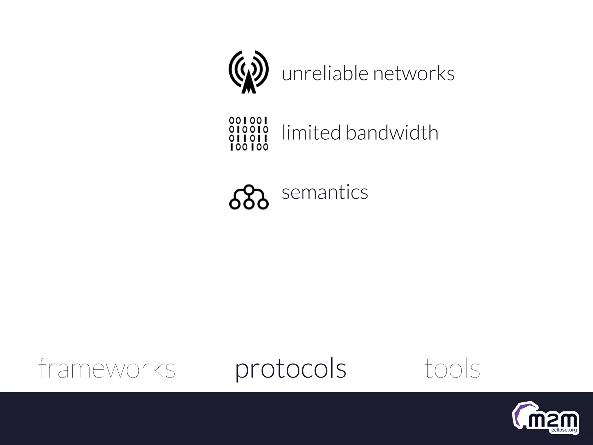unreliable networks
limited bandwidth
semantics

frameworks

protocols

tools

 