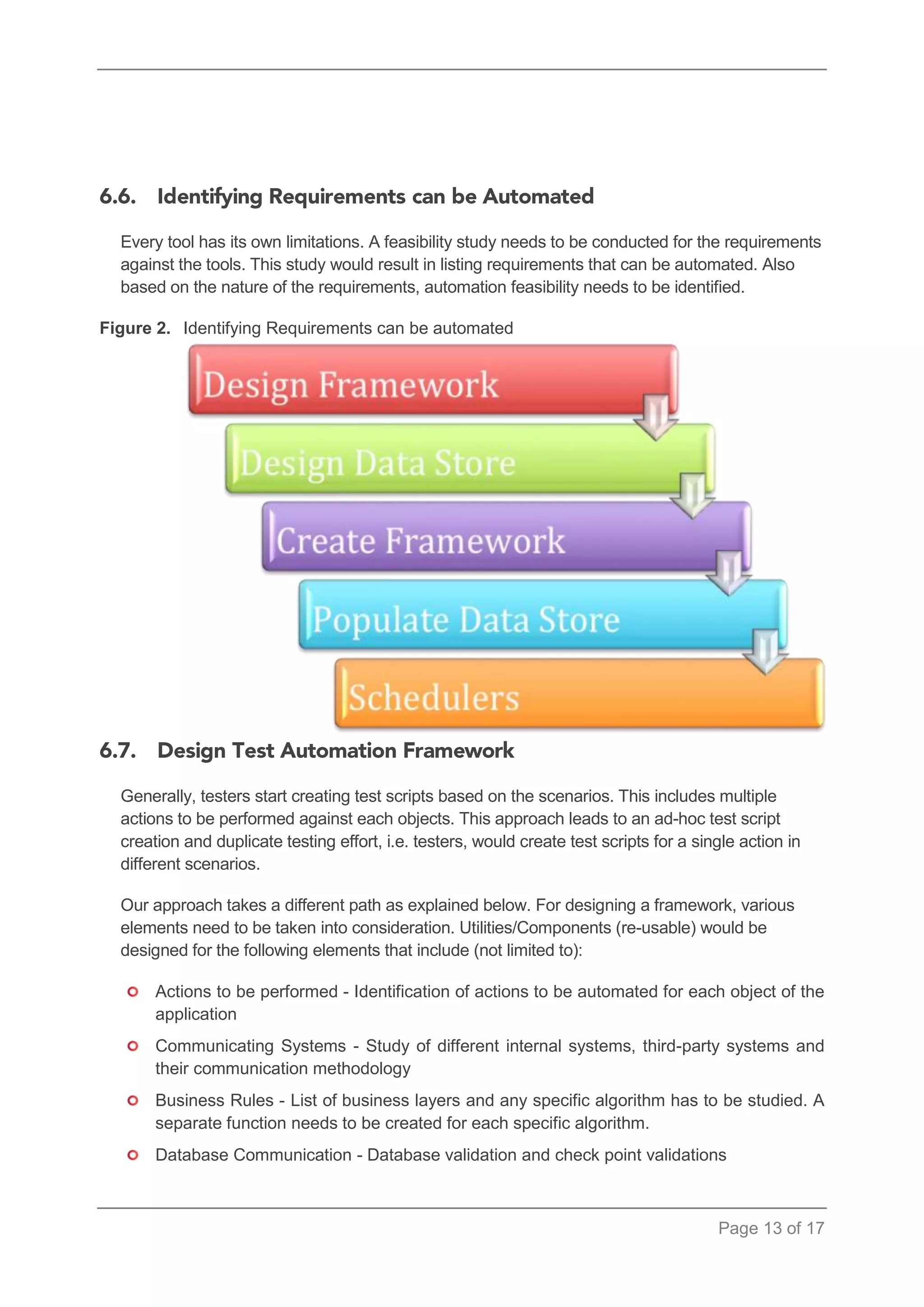 Page 13 of 17 
Every tool has its own limitations. A feasibility study needs to be conducted for the requirements against the tools. This study would result in listing requirements that can be automated. Also based on the nature of the requirements, automation feasibility needs to be identified. 
Figure 2. Identifying Requirements can be automated 
Generally, testers start creating test scripts based on the scenarios. This includes multiple actions to be performed against each objects. This approach leads to an ad-hoc test script creation and duplicate testing effort, i.e. testers, would create test scripts for a single action in different scenarios. 
Our approach takes a different path as explained below. For designing a framework, various elements need to be taken into consideration. Utilities/Components (re-usable) would be designed for the following elements that include (not limited to): 
Actions to be performed - Identification of actions to be automated for each object of the application 
Communicating Systems - Study of different internal systems, third-party systems and their communication methodology 
Business Rules - List of business layers and any specific algorithm has to be studied. A separate function needs to be created for each specific algorithm. 
Database Communication - Database validation and check point validations  