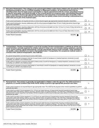 3. Education Participation: This category is for school-aged children and/or those children who are part of a child
   development program due to a certified disability or diagnosed condition. An educational need must be
   identified which requires foster parent participation in regular appointment with the school, specialized training
   in specific techniques, and follow-through on the in-home portion of a treatment plan, Individualized Education
   Plan or equivalent. Routine age appropriate assistance and supervision of homework does not qualify. If the
   foster parent chooses to home school a child, this does not qualify unless home schooling is documented as a
   child need and is part of the treatment plan.

    Foster parent participation not required at home or school beyond regular age appropriate expected education intervention.                 0
    Foster parent participation requires collaboration with the school personnel and at least 1/2 hour of daily intervention beyond age
    appropriate expectation.                                                                                                                   18

    Foster parent participation requiring collaboration with the school personnel and more than 1/2 hour to 2 hours of daily intervention at
    home, beyond age appropriate expectations.                                                                                                 36

    Foster parent participation requiring collaboration with the school personnel and more than 2 hours of daily intervention at home,
    beyond age appropriate expectations.                                                                                                       54

    Foster Parent Activities:                                                                                          SCORE




4. Transportation: Routine transportation is not to be included. Routine transportation is defined as school and
   social activities normally expected for children placed in foster care, and includes sibling visitations, parental
   visits, routine medical, dental appointments, and age appropriate extracurricular activities. These activities do
   not qualify, unless identified as a need in the treatment plan. Transportation for exceptional medical needs is
   covered under medical transportation. See PAM 825.

    No special transportation provided beyond routine child needs.                                                                             0
    Foster parent is required to transport child two to seven times a month for therapeutic or medical treatment, emotional or social
    counseling, as outlined in the treatment plan.                                                                                             3
    Foster parent is required to transport child eight to twelve times a month for therapeutic or medical treatment, emotional or social
    counseling, as outlined in the treatment plan.                                                                                             6
    Foster parent is required to transport child thirteen or more times a month for therapeutic or medical treatment, emotional or social
    counseling, as outlined in the treatment plan.                                                                                             9

    Foster Parent Activities:                                                                                          SCORE




5. Personal Care: This section is generally not applicable to children under the age of 4. The child must have a
   physical or a mental condition that limits his/her ability to perform age appropriate personal care tasks.                                  0

    Foster parent assistance not required beyond age appropriate need. The child has the physical and/or mental capabilities to perform
    personal care tasks.
    Foster parent provides in home assistance 4 to 10 hours per week because of impairments requiring assistance beyond age
    appropriate needs with feeding, bathing, grooming, physical and/or occupational therapy. The child has a medically documented              3
    physical and/or mental impairment that renders him/her incapable of performing the described tasks without 4-10 hours of foster parent
    assistance per week.
    Foster parent provides in home assistance 11 to 20 hours per week because of impairments requiring assistance beyond age
    appropriate needs with feeding, bathing, grooming, physical and/or occupational therapy. The child has a medically documented              6
    physical and/or mental impairment that renders him/her incapable of performing the described tasks without 10-20 hours of foster
    parent assistance per week.
    Foster parent provides in home assistance over 20 hours per week because of impairments requiring assistance beyond age
    appropriate needs with feeding, bathing, grooming, physical and/or occupational therapy. The child has a medically documented              9
    physical and/or mental impairment that renders him/her incapable of performing the described tasks without over 20 hours of foster
    parent assistance per week.
    Foster Parent Activities:                                                                                          SCORE




DHS-470 (Rev. 6-06) Previous edition obsolete. MS Word                            3
 
