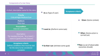 9
Components of a User Story
Title
A short, descriptive name for the story
.
Priority
Critical/High/Medium/Low
Precondition
Internet connection
As a :(Type of user)
I want to :(Perform some task)
So that I can :(Achieve some goal)
Acceptance criteria
Given :(Some context)
When :(Some action is
carried out)
Then :(a set of observable
outcomes should)
Description
The standard format: "As a [user], I
want to [goal] so that [reason]
".
Acceptance criteria
Defines conditions that must be met
for the story to be considered
complete
.
Platform
Web/App
 