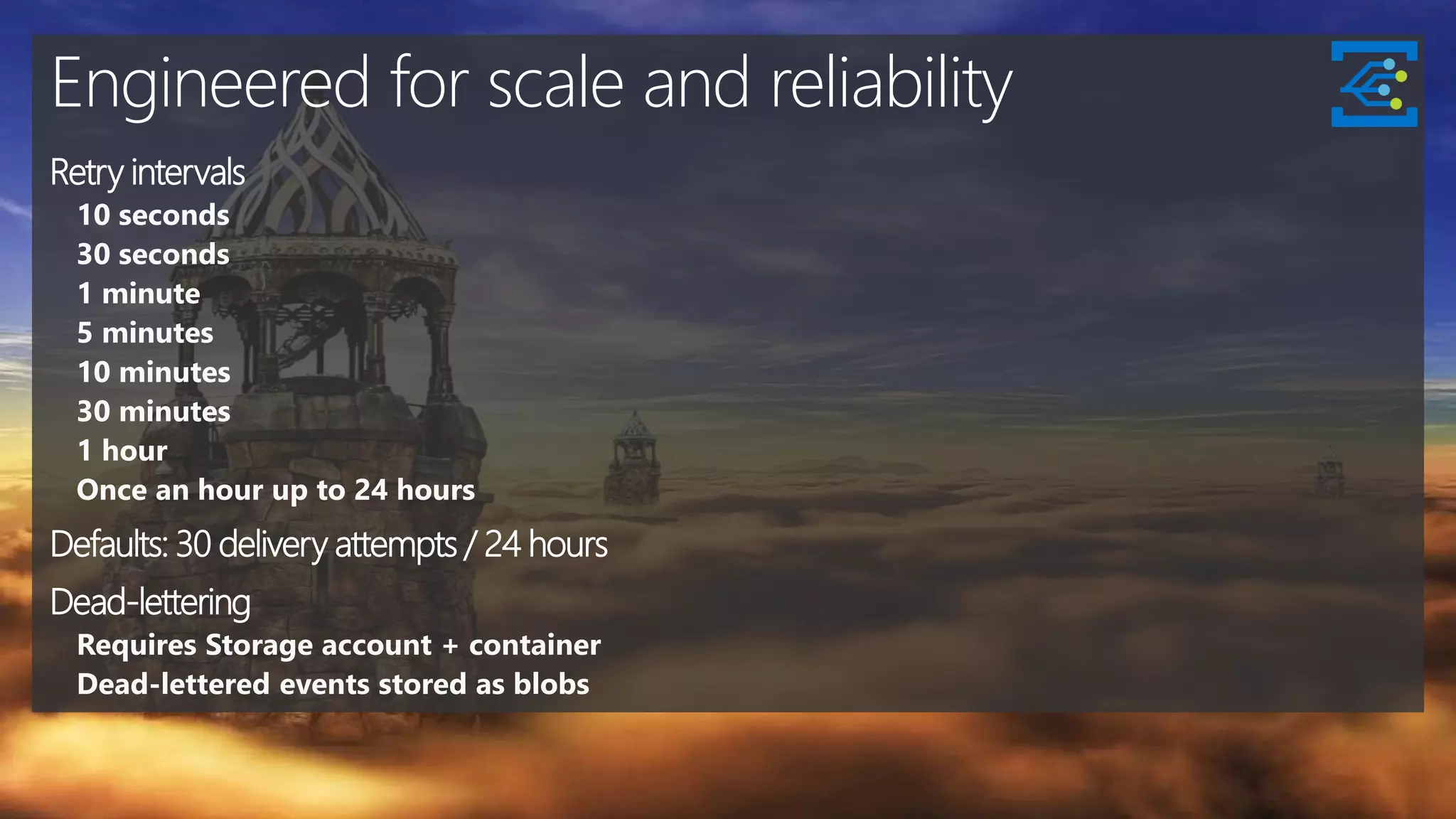 Engineered for scale and reliability
Retry intervals
10 seconds
30 seconds
1 minute
5 minutes
10 minutes
30 minutes
1 hour
Once an hour up to 24 hours
Defaults: 30 delivery attempts / 24 hours
Dead-lettering
Requires Storage account + container
Dead-lettered events stored as blobs
 