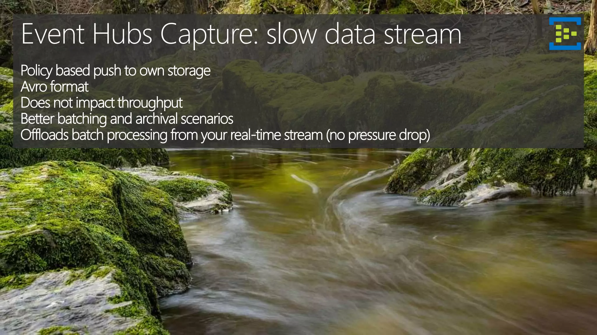 Event Hubs Capture: slow data stream
Policy based push to own storage
Avro format
Does not impact throughput
Better batching and archival scenarios
Offloads batch processing from your real-time stream (no pressure drop)
 