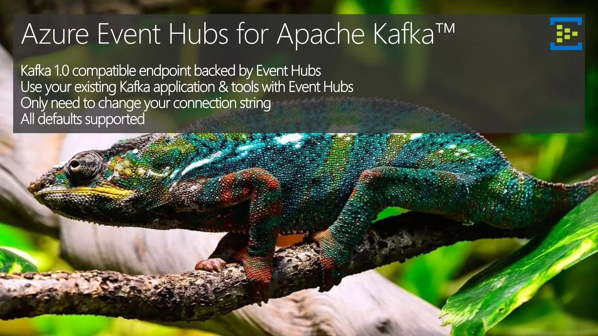 Azure Event Hubs for Apache Kafka™
Kafka 1.0 compatible endpoint backed by Event Hubs
Use your existing Kafka application & tools with Event Hubs
Only need to change your connection string
All defaults supported
 
