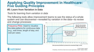 © 2016 Health Catalyst
Proprietary. Feel free to share but we would appreciate a Health Catalyst citation.
Applying Quality Improvement in Healthcare:
Five Guiding Principles
#5: Learn from Variation in Data
Tools for learning from variation in data
The following tools allow improvement teams to see the status of a whole
system and use discoveries—revealed by variation in the data—to review
and change processes:
Frequency Plots: Used to visualize
the data patterns for continuous data
(e.g., wait times, length of stay, and
cost per case).
 
