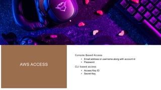 AWS ACCESS
Console Based Access
• Email address or username along with account id
• Password
CLI based access
• Access Key ID
• Secret Key
 