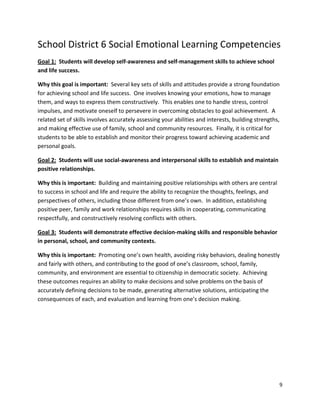 9
School District 6 Social Emotional Learning Competencies
Goal 1: Students will develop self-awareness and self-management skills to achieve school
and life success.
Why this goal is important: Several key sets of skills and attitudes provide a strong foundation
for achieving school and life success. One involves knowing your emotions, how to manage
them, and ways to express them constructively. This enables one to handle stress, control
impulses, and motivate oneself to persevere in overcoming obstacles to goal achievement. A
related set of skills involves accurately assessing your abilities and interests, building strengths,
and making effective use of family, school and community resources. Finally, it is critical for
students to be able to establish and monitor their progress toward achieving academic and
personal goals.
Goal 2: Students will use social-awareness and interpersonal skills to establish and maintain
positive relationships.
Why this is important: Building and maintaining positive relationships with others are central
to success in school and life and require the ability to recognize the thoughts, feelings, and
perspectives of others, including those different from one’s own. In addition, establishing
positive peer, family and work relationships requires skills in cooperating, communicating
respectfully, and constructively resolving conflicts with others.
Goal 3: Students will demonstrate effective decision-making skills and responsible behavior
in personal, school, and community contexts.
Why this is important: Promoting one’s own health, avoiding risky behaviors, dealing honestly
and fairly with others, and contributing to the good of one’s classroom, school, family,
community, and environment are essential to citizenship in democratic society. Achieving
these outcomes requires an ability to make decisions and solve problems on the basis of
accurately defining decisions to be made, generating alternative solutions, anticipating the
consequences of each, and evaluation and learning from one’s decision making.
 