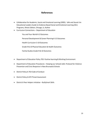 19
References
• Collaborative for Academic, Social and Emotional Learning (2005). Safe and Sound: An
Educational Leaders Guide to Evidence-Based Social and Emotional Learning (SEL)
Programs, Illinois Edition, Chicago, IL; Author
• Curriculum Connections – Department of Education
You and Your World K-2 Outcomes
Personal Development & Career Planning K-12 Outcomes
Health Curriculum 3-10 Outcomes
Grade 9 & 10 Physical Education & Health Outcomes
Family Studies Grade 9 & 10 Outcomes
• Department of Education Policy 703: Positive learning & Working Environment
• Department of Education Procedures – Keeping our Schools Safe: Protocol for Violence
Prevention and Crisis Response in New Brunswick Schools
• District Policy 6-763 Code of Conduct
• District Policy 6-674 Threat Assessment
• District 6 Peer Helpers Initiative – BullySmart Skills
 