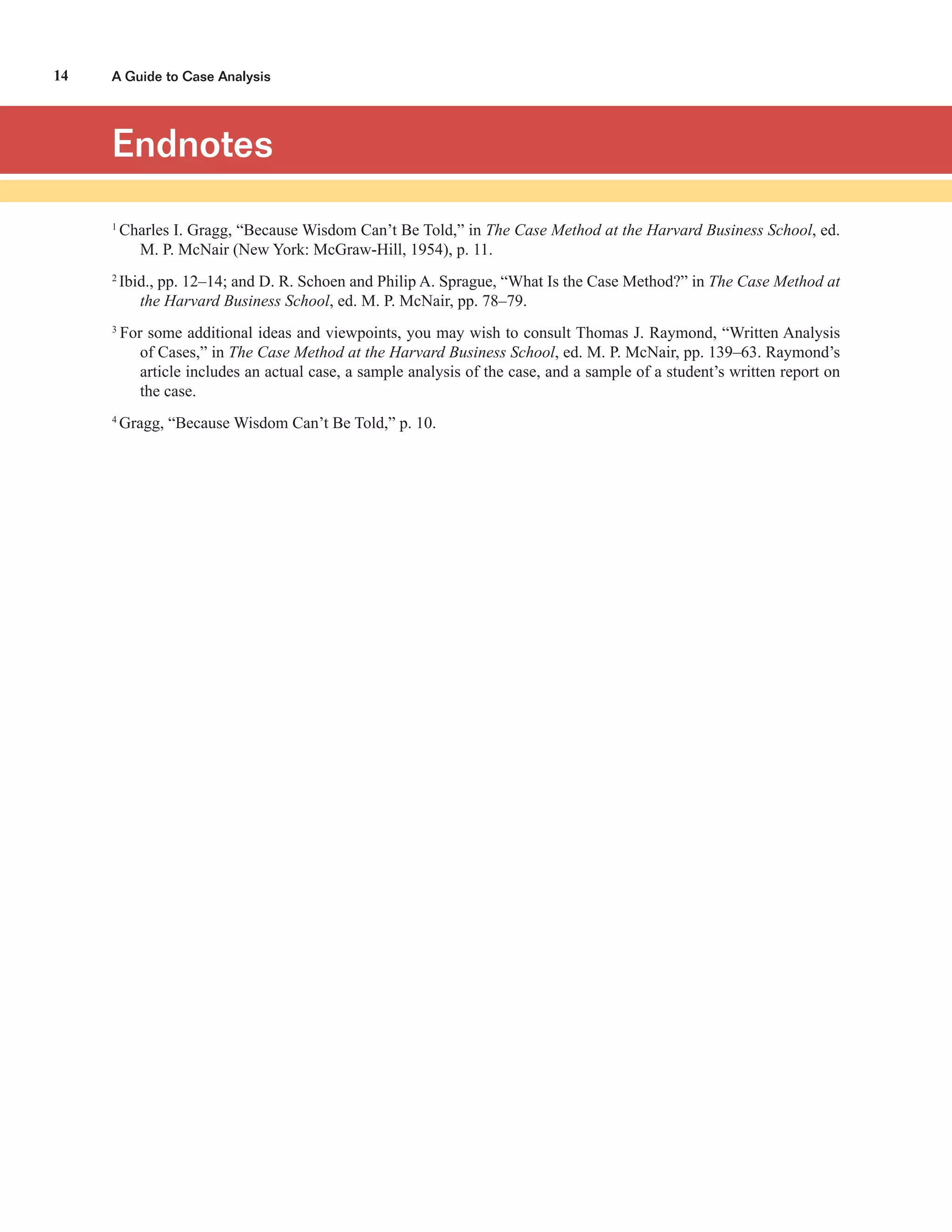 A Guide to Case Analysis14
Endnotes
1
Charles I. Gragg, “Because Wisdom Can’t Be Told,” in The Case Method at the Harvard Business School, ed.
M. P. McNair (New York: McGraw-Hill, 1954), p. 11.
2
Ibid., pp. 12–14; and D. R. Schoen and Philip A. Sprague, “What Is the Case Method?” in The Case Method at
the Harvard Business School, ed. M. P. McNair, pp. 78–79.
3
For some additional ideas and viewpoints, you may wish to consult Thomas J. Raymond, “Written Analysis
of Cases,” in The Case Method at the Harvard Business School, ed. M. P. McNair, pp. 139–63. Raymond’s
article includes an actual case, a sample analysis of the case, and a sample of a student’s written report on
the case.
4
Gragg, “Because Wisdom Can’t Be Told,” p. 10.
 