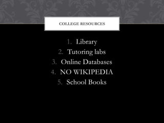 COLLEGE RESOURCES



      1. Library
   2. Tutoring labs
3. Online Databases
4. NO WIKIPEDIA
  5. School Books
 