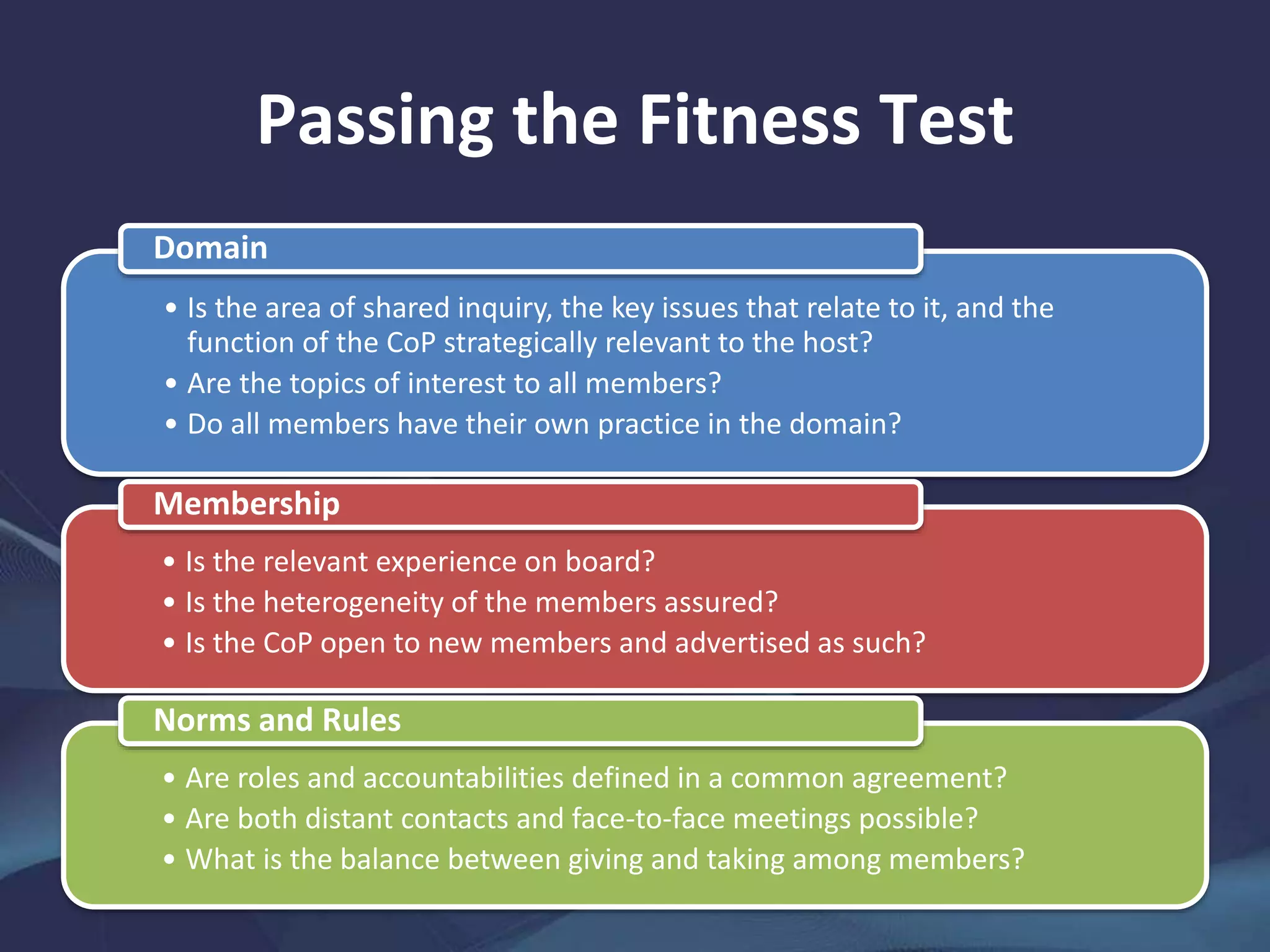 Passing the Fitness Test
• Is the area of shared inquiry, the key issues that relate to it, and the
function of the CoP strategically relevant to the host?
• Are the topics of interest to all members?
• Do all members have their own practice in the domain?
Domain
• Is the relevant experience on board?
• Is the heterogeneity of the members assured?
• Is the CoP open to new members and advertised as such?
Membership
• Are roles and accountabilities defined in a common agreement?
• Are both distant contacts and face-to-face meetings possible?
• What is the balance between giving and taking among members?
Norms and Rules
 