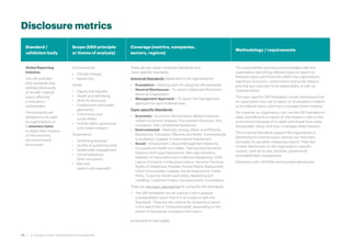 Disclosure metrics
Standard /
validation body
Scope (ESG principle
or theme of analysis)
Coverage (metrics, companies,
sectors, regions)
Methodology / requirements
Global Reporting
Initiative
The GRI provides
ESG standards that
address disclosures
of socially material
topics affecting
a company’s
stakeholders.
The standards are
designed to be used
by organisations on
a voluntary basis
to report their impacts
on the economy,
the environment,
and society.
Environmental:
• Climate change
• Nature loss
Social:
• Dignity and equality
• Health and well being
• Skills for the future
• Employment and wealth
generation
• Community and
social vitality
• Human rights, grievances
and modern slavery
Governance:
• Governing purpose
• Quality of governing body
• Stakeholder engagement
• Ethical behaviour
(Anti-corruption)
• Risk and
opportunity oversight
There are two types: Universal Standards and
Topic-specific standards.
Universal Standards (Applicable to all organisations):
• Foundation – Starting point for using the GRI standards
• General Disclosures – To report contextual information
about an organisation
• Management Approach – To report the management
approach for each material topic
Topic-specific Standards:
• Economic – Economic Performance, Market Presence,
Indirect Economic Impacts, Procurement Practices, Anti-
corruption, Anti-competitive behaviour)
• Environmental – Materials, Energy, Water and Effluents,
Biodiversity, Emissions, Effluents and Waste, Environmental
Compliance, Supplier Environmental Assessment
• Social – Employment, Labour/Management Relations,
Occupational Health and Safety, Training and Education,
Diversity and Equal Opportunity, Non-discrimination,
Freedom of Association and Collective Bargaining, Child
Labour, Forced or Compulsory Labour, Security Practices,
Rights of Indigenous Peoples, Human Rights Assessment,
Local Communities, Supplier Social Assessment, Public
Policy, Customer Health and Safety, Marketing and
Labelling, Customer Privacy, Socioeconomic Compliance
There are two basic approaches for using the GRI Standards:
1. The GRI Standards can be used as a set to prepare
a sustainability report that is in accordance with the
Standards. There are two options for preparing a report
in this way (Core or Comprehensive), depending on the
extent of disclosures included in the report.
[continued on next page]
The sustainability reporting process begins with the
organisation identifying relevant topics to report on.
Relevant topics are those that reflect the organisations'
significant economic, environment and social impacts
and that are important to its stakeholders, known as
'material topics'.
The topic-specific GRI Standards contain disclosures that
an organisation can use to report on its impacts in relation
to its material topics, and how it manages these impacts.
For instance, an organisation can use the GRI Standard on
water and effluents to report on the impacts it has on the
environment because of its water withdrawal from areas
facing water stress, and how it manages these impacts.
The Universal Standards support the organisation in
identifying its material topics, and lay out important
principles to use when preparing a report. They also
contain disclosures on the organisation’s specific
context, such as its size, activities, governance,
and stakeholder engagement.
Interaction with UN SDGs and business disclosures.
16 • A Guide to ESG Standards & Frameworks
 