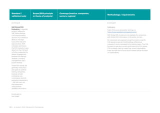 Standard /
validation body
Scope (ESG principle
or theme of analysis)
Coverage (metrics, companies,
sectors, regions)
Methodology / requirements
[continued]
S&P Global ESG
Evaluation, a separate
product offered by
S&P Global Ratings,
is a forward-looking
opinion of a company’s
ability to manage
future ESG risks and
opportunities. With
company permission,
the ESG Evaluation uses
data from the CSA and
is further supported by
deeper engagement
between the Ratings’
Analysts, company
management and a
board member.
These ESG ratings are
generally involuntary
and apply to publicly
trading companies,
however private
companies can
commission the ESG
evaluation assessment
– S&P will carry out
the assessment
using publicly
available information.
[continued]
Publication
Public ESG score and public rankings on:
https://www.spglobal.com/esg/solutions/
S&P Global ESG Scores are not available for companies
with limited ESG information in the public domain.
All companies are assessed using the industry specific
CSA questionnaire and methodology reflecting a
company’s score compared to its industry peers. The CSA
focuses on past and current performance on ESG issues.
CSA is already used to create Dow Jones Sustainability
Index and will inform future stock market indices focused
on sustainability.
[continued on
next page]
23 • A Guide to ESG Standards & Frameworks
 