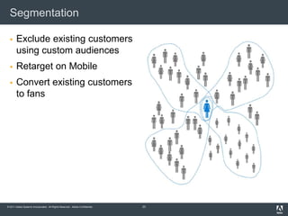 Segmentation

      Exclude existing customers
       using custom audiences
      Retarget on Mobile
      Convert existing customers
       to fans




© 2011 Adobe Systems Incorporated. All Rights Reserved. Adobe Confidential.   23
 
