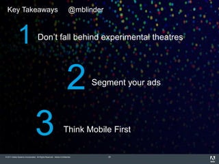 Key Takeaways                                                         @mblinder



             1                       Don’t fall behind experimental theatres




                                                                      2       Segment your ads




                                 3                                Think Mobile First

© 2011 Adobe Systems Incorporated. All Rights Reserved. Adobe Confidential.         25
 