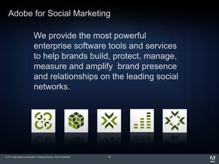 Adobe for Social Marketing

                                We provide the most powerful
                                enterprise software tools and services
                                to help brands build, protect, manage,
                                measure and amplify brand presence
                                and relationships on the leading social
                                networks.




© 2011 Adobe Systems Incorporated. All Rights Reserved. Adobe Confidential.   26
 